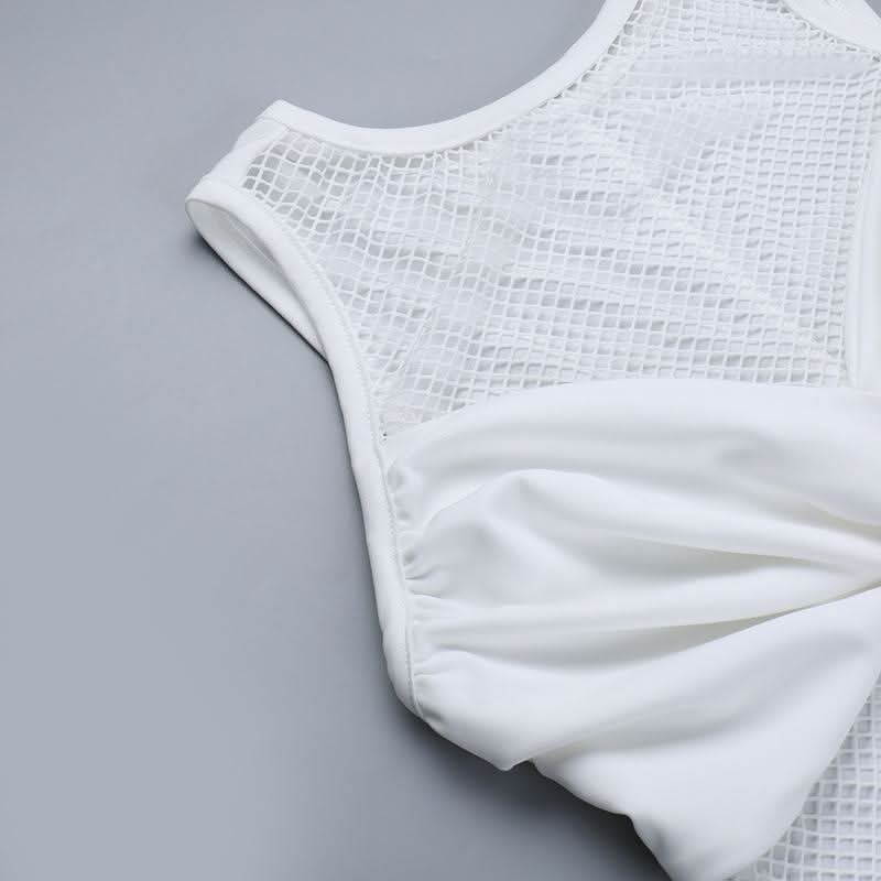 Ruched drawstring crewneck fishnet mini dress