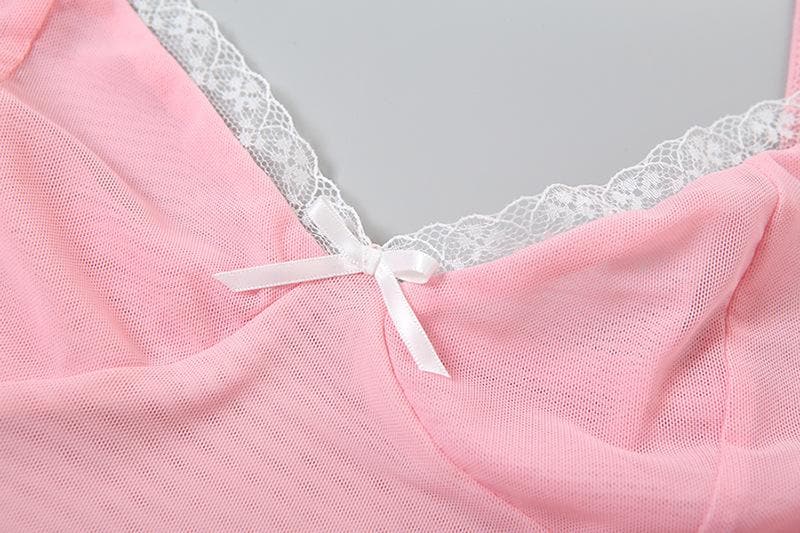 Bowknot lace v neck mesh irregular cami top