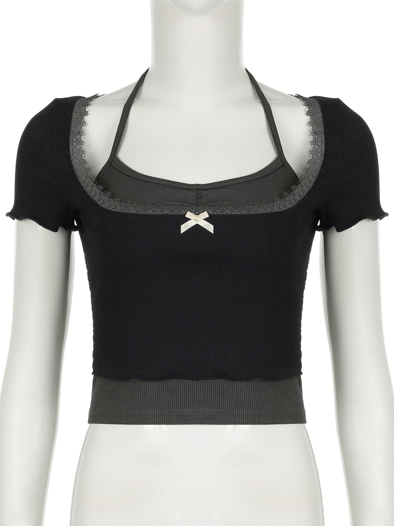 Short sleeve halter lace hem bowknot ribbed 2 piece top