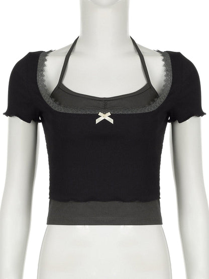 Short sleeve halter lace hem bowknot ribbed 2 piece top