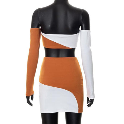 Contrast patchwork off shoulder long sleeve backless mini skirt set