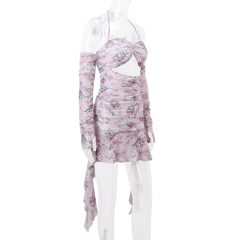 Halter hollow out lace hem flower print gloves cut out mini dress