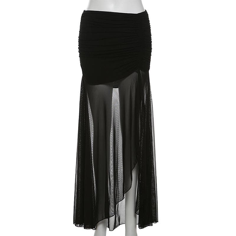 Mesh ruffle ruched slit solid maxi skirt