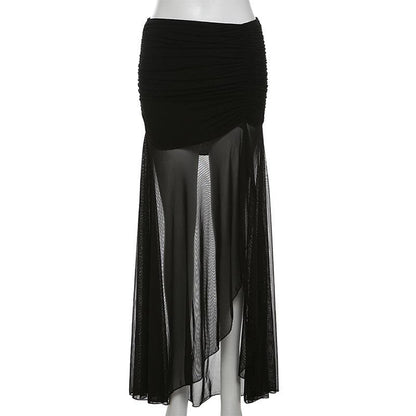 Mesh ruffle ruched slit solid maxi skirt