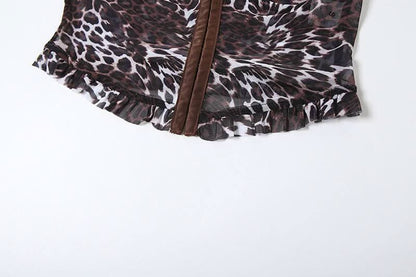 Leopard print mesh button cami short pant set