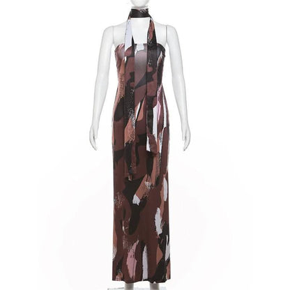 Print ruched backless hollow out tube cut out maxi dress-final-sale