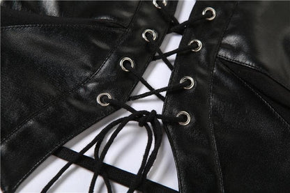 Solid PU leather hollow out halter lace up backless crop cut out top