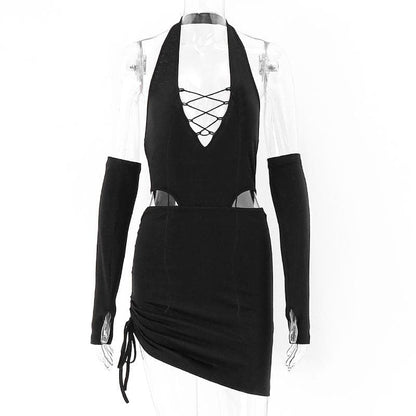 Halter lace up gloves drawstring hollow out cut out mini dress