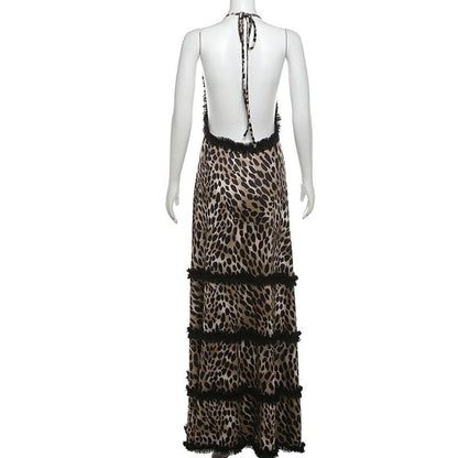 Halter deep v neck leopard print ruffle maxi dress