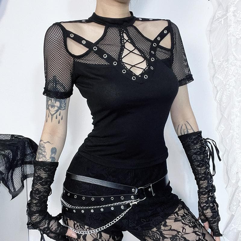 Short sleeve fishnet hollow out patchwork cut out top