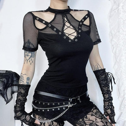 Short sleeve fishnet hollow out patchwork cut out top