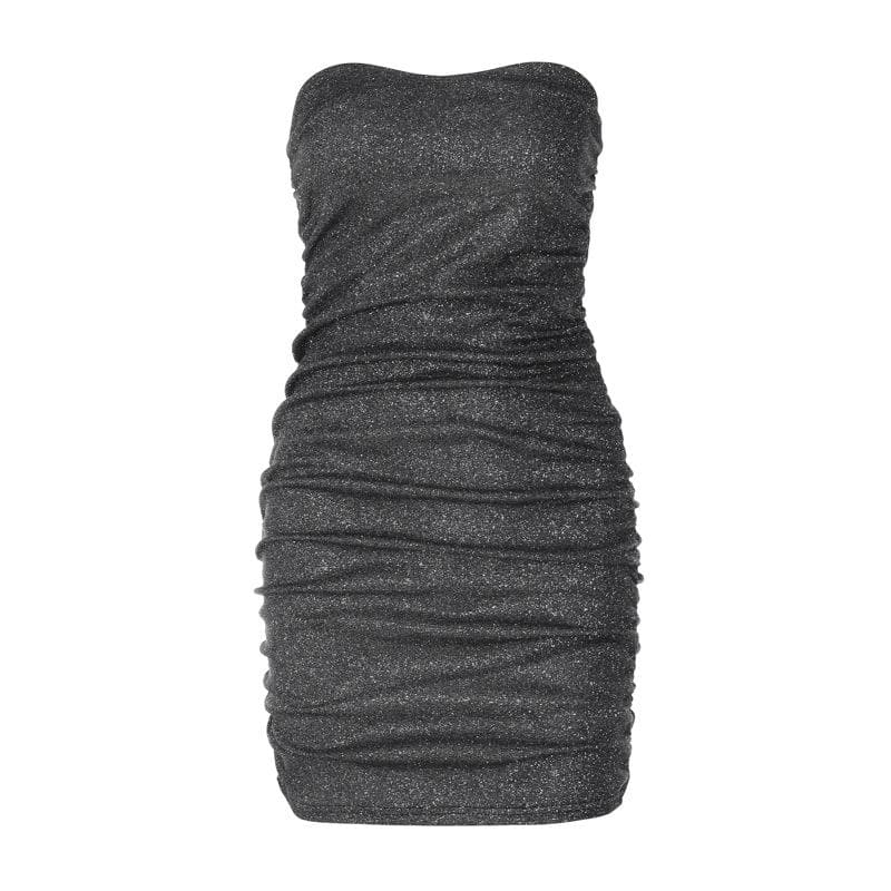 Strapless All-Over Ruched Glitter Knit Bodycon Tube Mini Dress