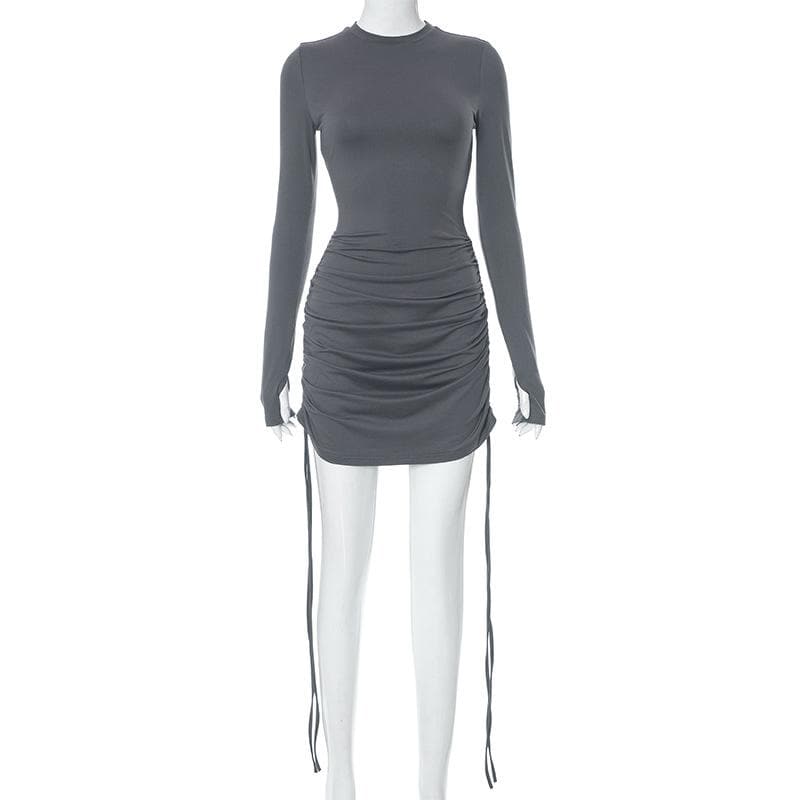 Mock Neck Thumbhole Long Sleeve Drawstring Ruched Mini Dress