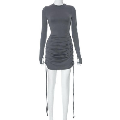 Mock Neck Thumbhole Long Sleeve Drawstring Ruched Mini Dress