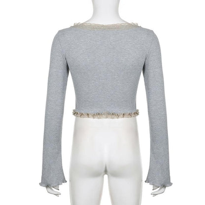 Ruffle solid ribbed contrast long sleeve cross front crop top