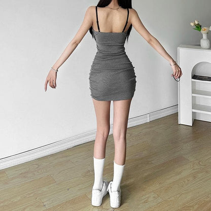 Ruched lace patchwork contrast v neck backless mini dress