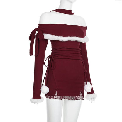 Halter off shoulder long sleeve fluffy self tie mini dress