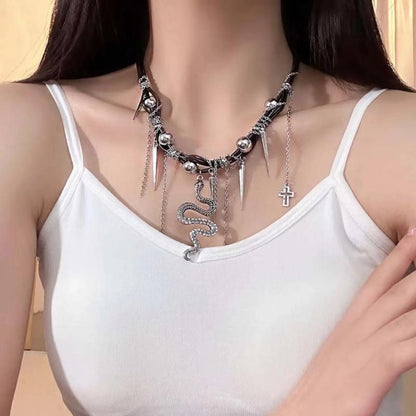 Snake PU leather beaded cross metal chain necklace