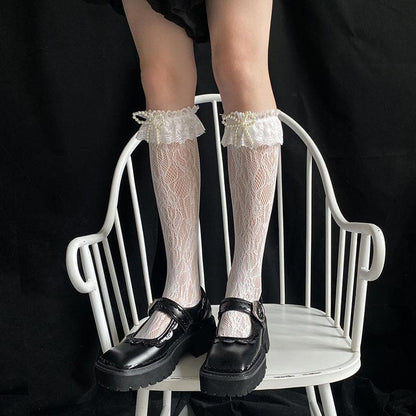 Sheer lace bowknot applique knee high socks
