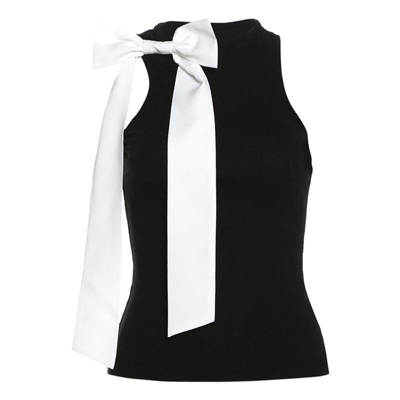Bowknot crewneck ribbon contrast tank top