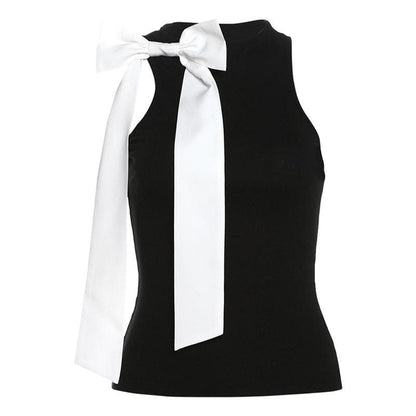 Bowknot crewneck ribbon contrast tank top