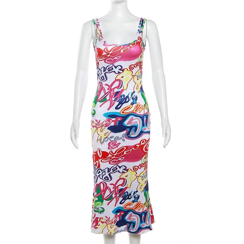 Graffiti Print Sleeveless Scoop Neck Bodycon Trumpet Hem Midi Dress