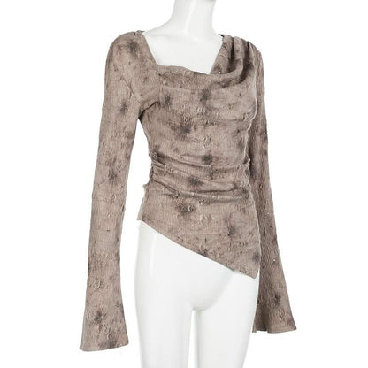 Long sleeve cowl neck ruched beaded top