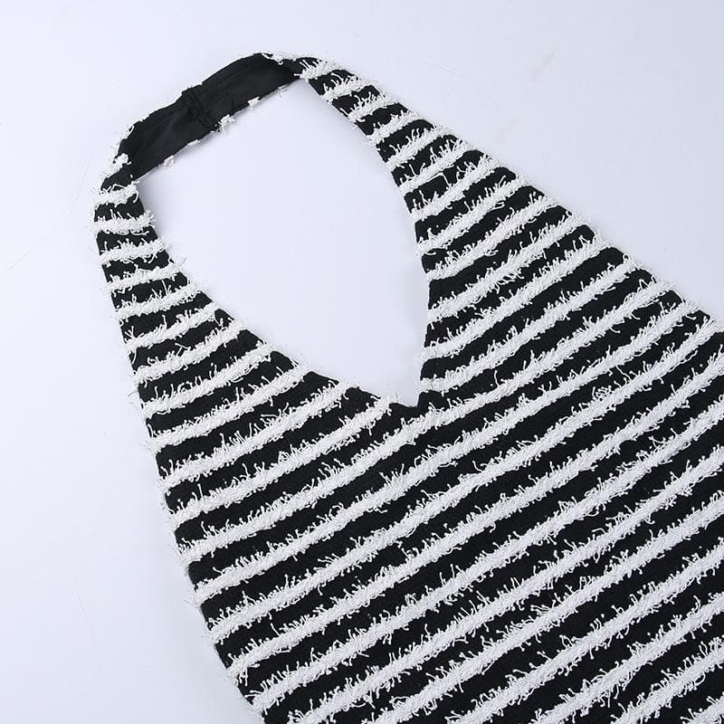 Contrast Striped Fuzzy Knit Halter Neck Backless Bodycon Mini Dress