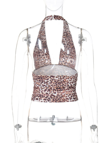 Leopard print halter backless crop top