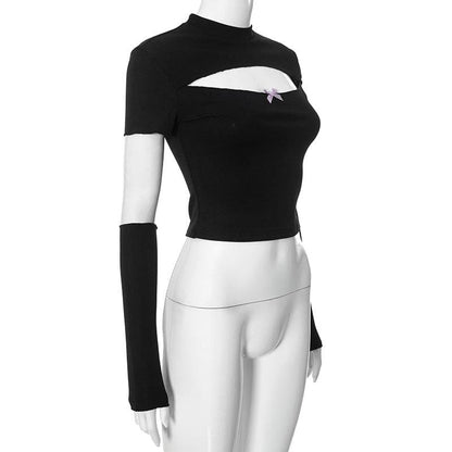 Short sleeve gloves hollow out bowknot crop cut out top