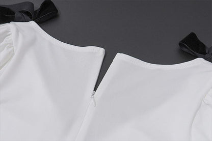 Short puff sleeve bowknot v neck maxi dress