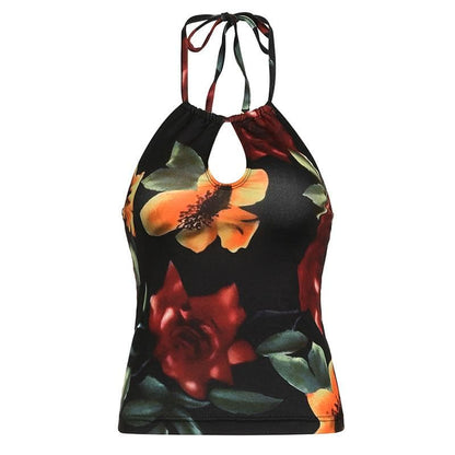 Halter drawstring ruched hollow out flower print cut out top