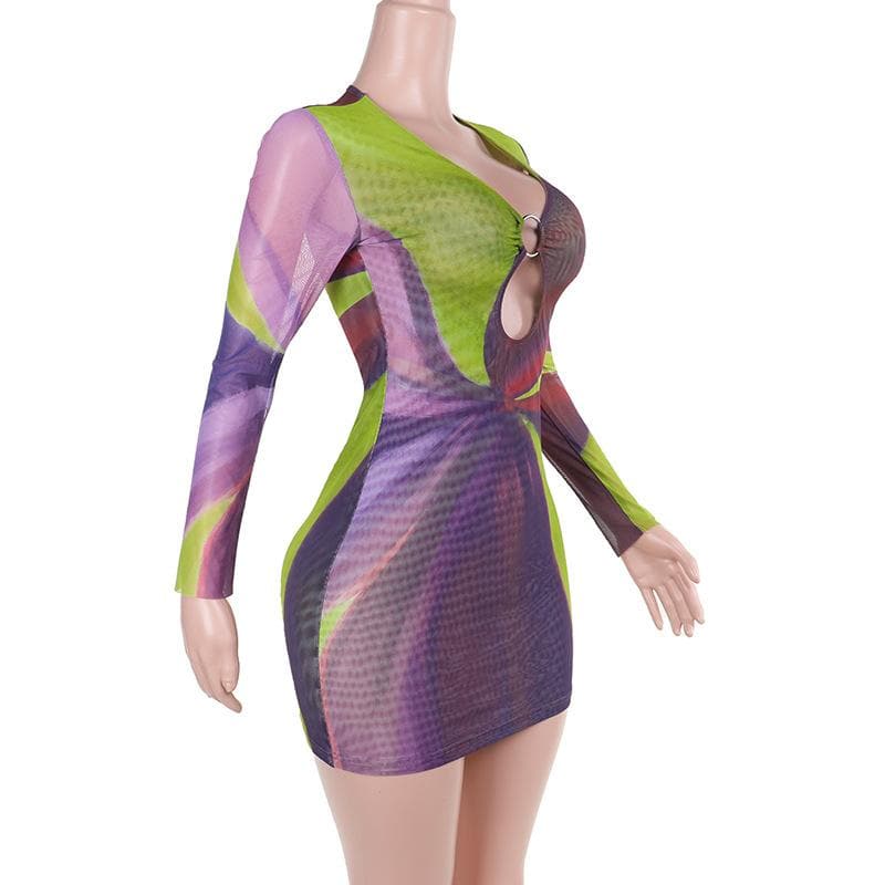 Long sleeve sheer mesh o ring print mini dress