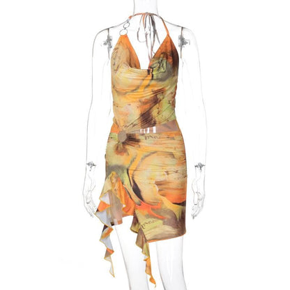 Halter print cowl neck o ring ruffle mini dress