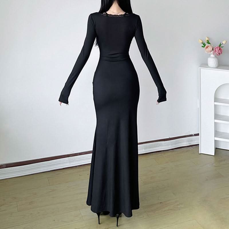 Long sleeve lace hem bowknot cross front mesh maxi dress