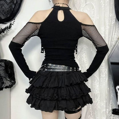 Off shoulder long sleeve fishnet patchwork buckle top