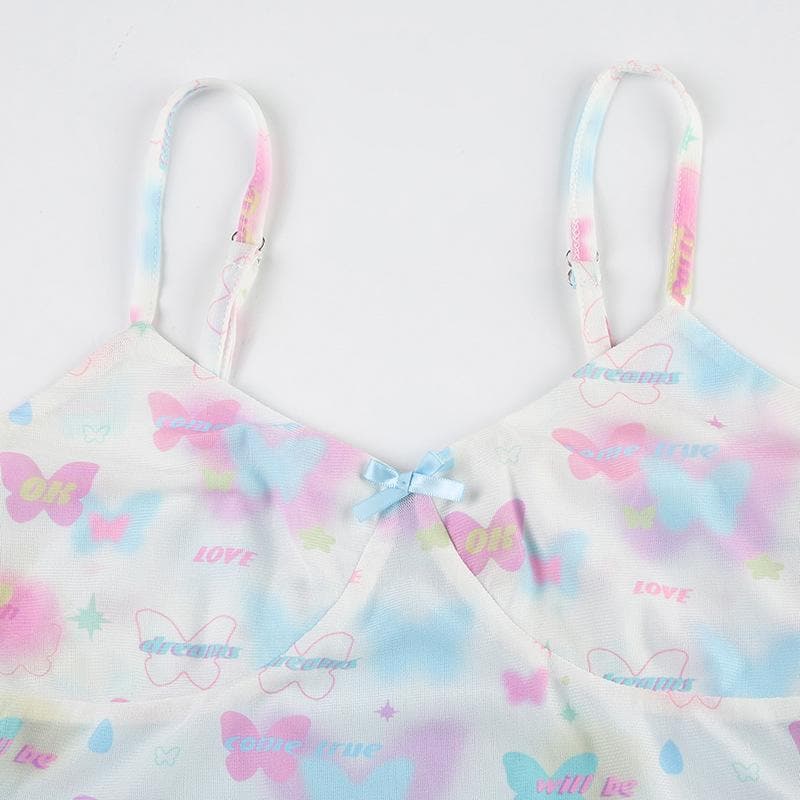 Bowknot butterfly print mesh ruffle cami top