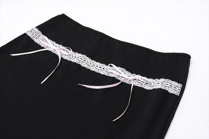 Bowknot lace hem ribbon A line contrast mini skirt