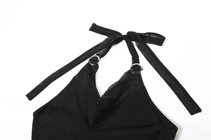 Halter cowl neck flower applique ruffle maxi dress