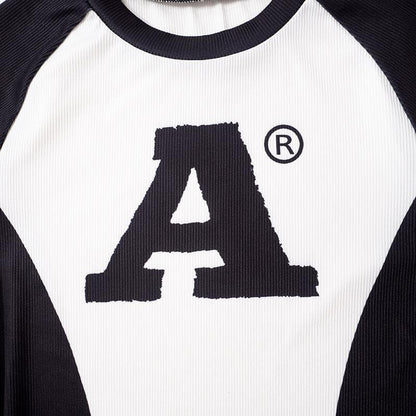 Ribbed contrast short sleeve "A" pattern crewneck top