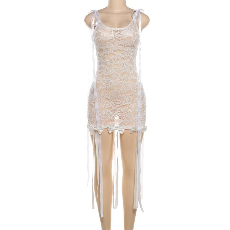 Sleeveless u neck lace bowknot knotted ribbon see through mini dress