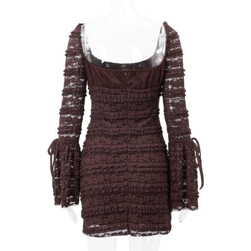Square Neck Bow Tiered Floral Lace Bell Sleeve Ribbon Tie Bodycon Mini Dress