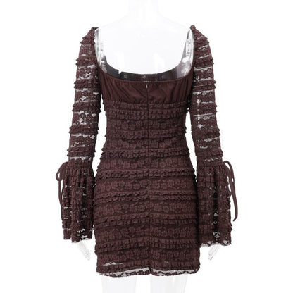 Square Neck Bow Tiered Floral Lace Bell Sleeve Ribbon Tie Bodycon Mini Dress