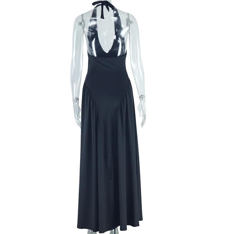 Halter v neck backless solid maxi dress