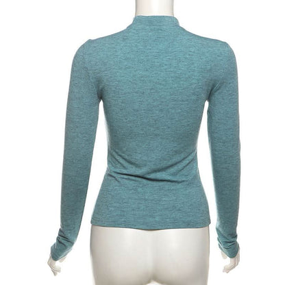High neck long sleeve beaded cross pattern hollow out cut out top