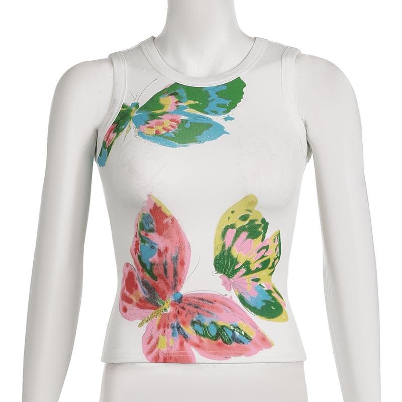 Crewneck butterfly print contrast tank top