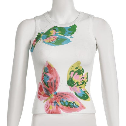 Crewneck butterfly print contrast tank top