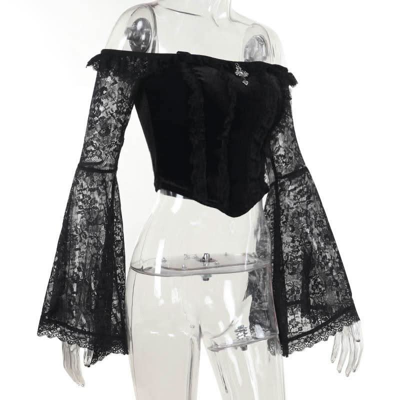 Long flared off shoulder lace cross applique top