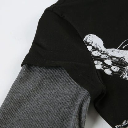 Long sleeve crewneck abstract print patchwork top