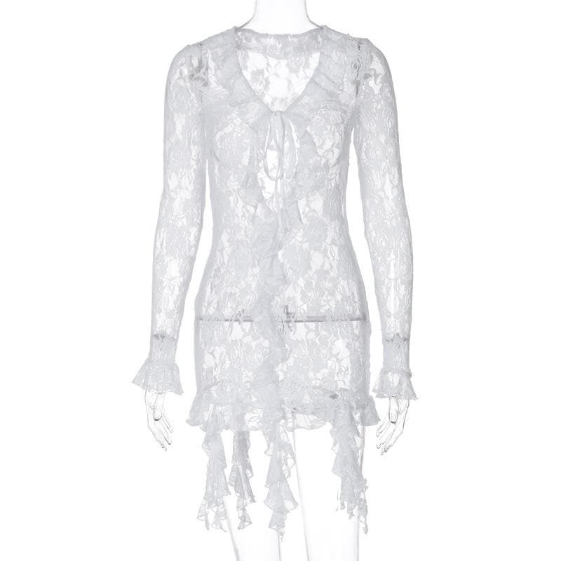 Long flared sleeve ruffle lace see through mini dress
